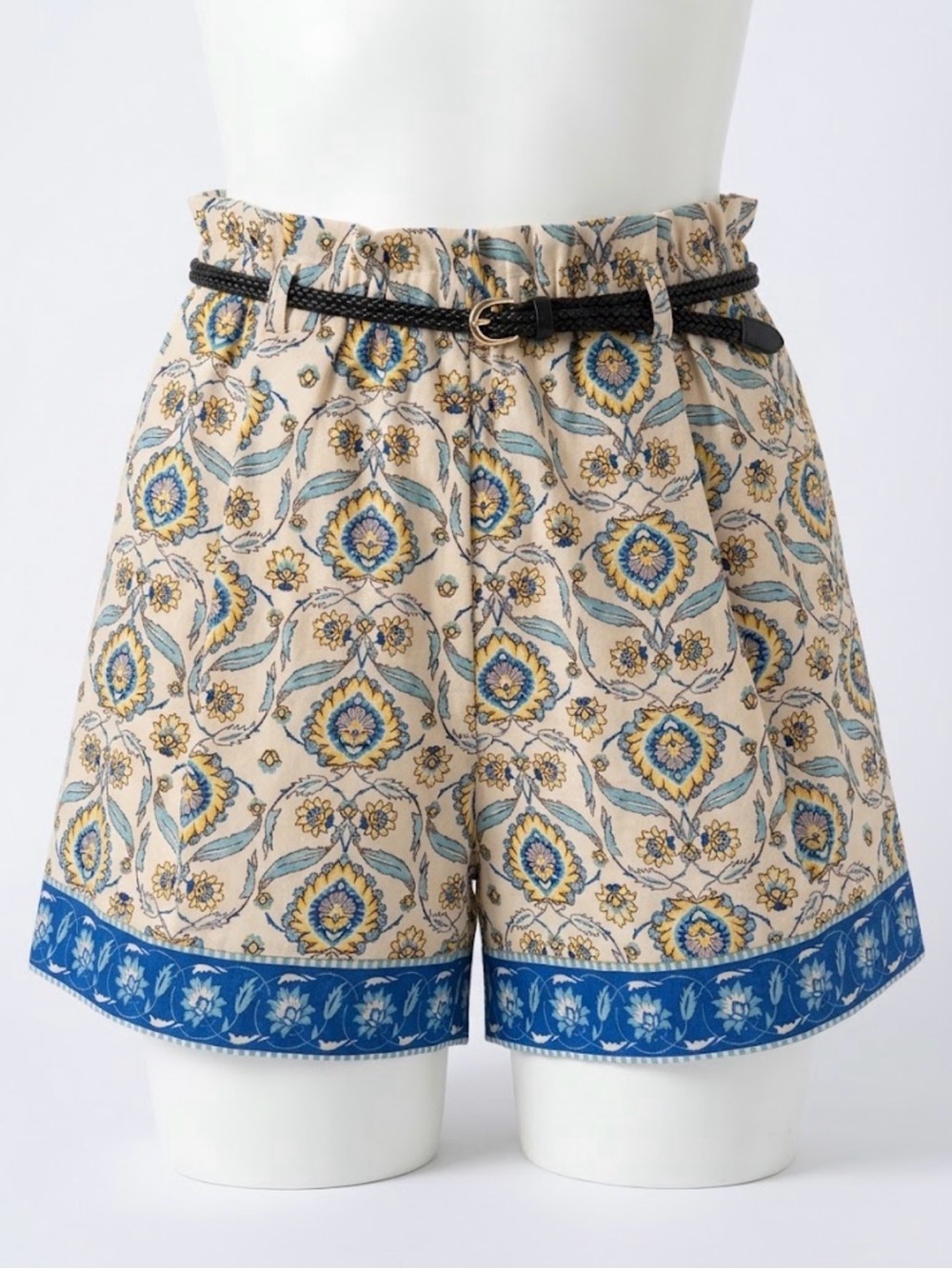 H&M Beige Floral Print Shorts with Blue Trim
